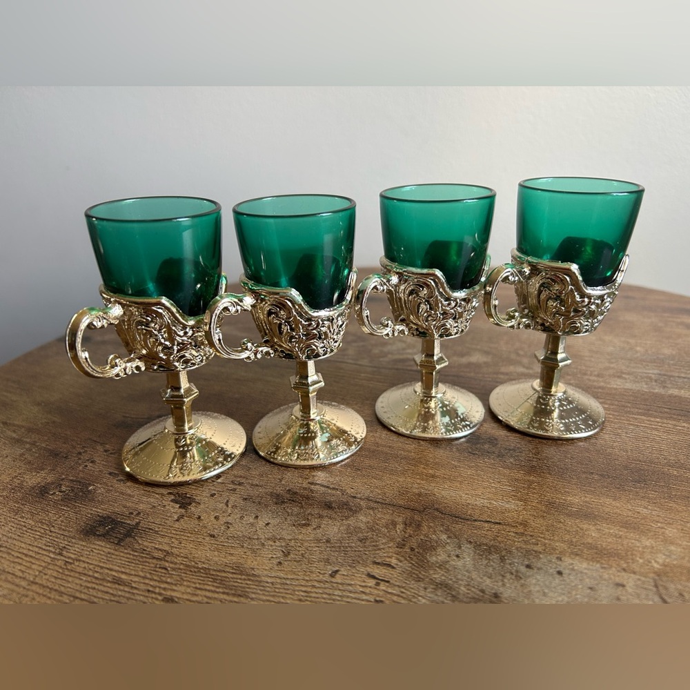 Vintage Emerald Green Glass Shot set of 4